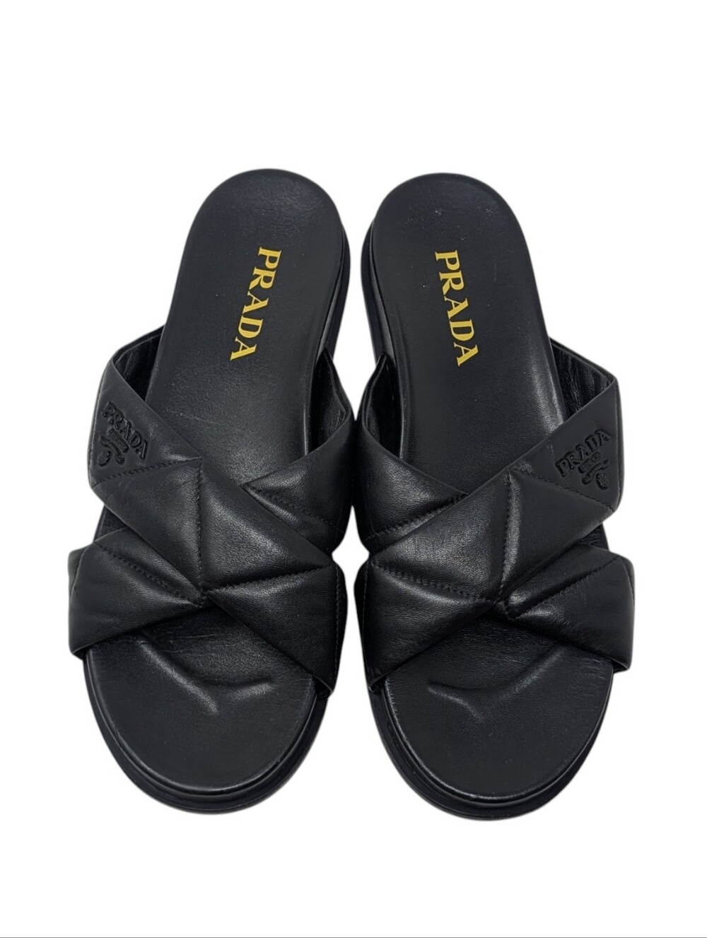 Prada Black Soft Leather Quilted Crossover Criss Cross Slide Sandals Size EU 39